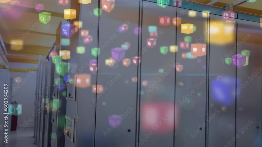 Poster animation of multiple digital icons floating against computer server room