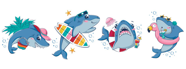 Collection of cartoon funny sharks. Summer beach characters for fashion design, advertising.