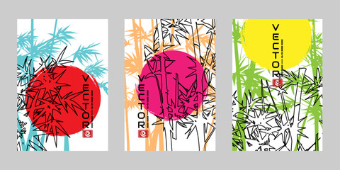 Bamboo and splash paint elements. Colorful vertical poster collection in overlay style.