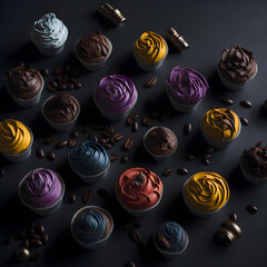 Obraz premium Set of Delicious Colorful Cupcakes with Sprinkles, Candies, Fruits and More - Generative AI