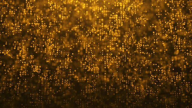 Golden particles dots form with flare abstract background. Digital data communication technology.