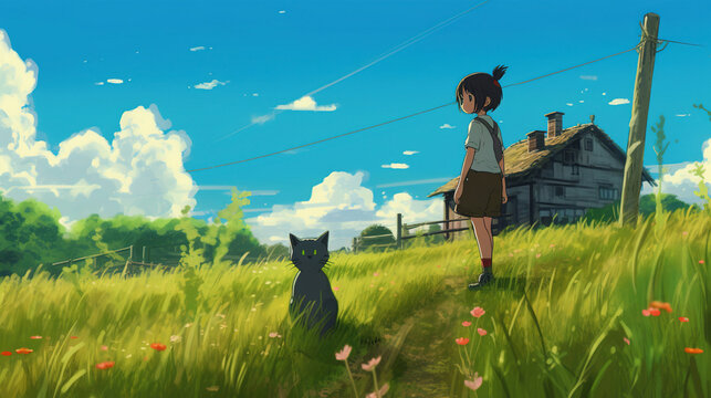 Girl with pet in anime style