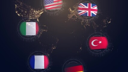 Balloons with the flags of Germany France Italy Turkey Great Britain and the USA against the background of a night globe with luminous continents from which the information field diverges. Cg
