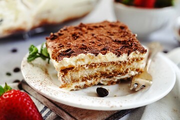 Homemade Tiramisu with ladyfingers base - italian dessrtm selective focus