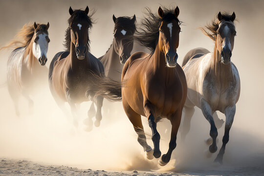 Horse herd run in desert. Running horses. Generative AI
