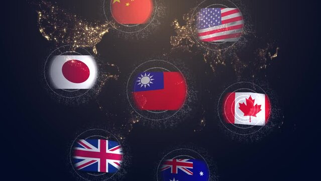 Balloons with the flags of China Japan Australia USA Great Britain and Canada revolve around the flag of Taiwan against the backdrop of a night globe with luminous continents. Cg