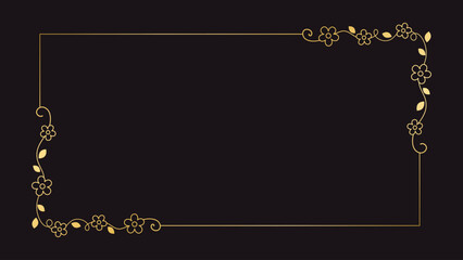 Gold floral rectangle frame. Simple line border, leaves and flowers, wedding invitation and cards, logo design and posters template. Elegant minimal style floral vector isolated