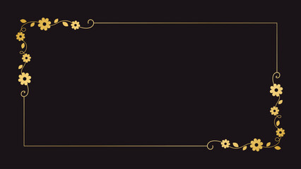 Gold floral rectangle frame. Simple line border, leaves and flowers, wedding invitation and cards, logo design and posters template. Elegant minimal style floral vector isolated