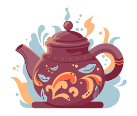 Ceramic teapot with pattern. Cartoon vector illustration