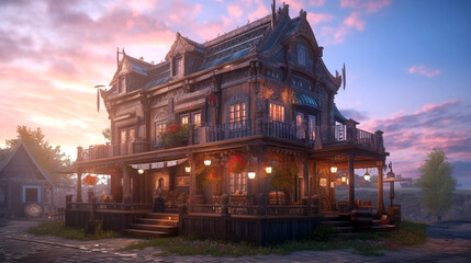 the big medieval fantasy tavern in a town with beautiful sunset sky scenery. AI Generative