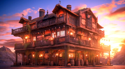 Fototapeta na wymiar the big medieval fantasy tavern in a town with beautiful sunset sky scenery. AI Generative