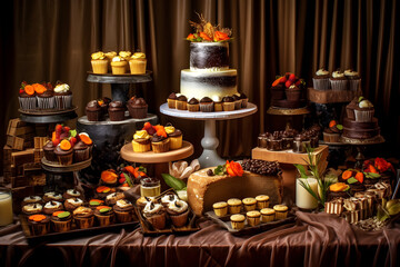 A table full of chocolate products such as cakes, cupcakes, chocolate bars, chocolate fountain and others. Dark food photography. Created with generative AI technology