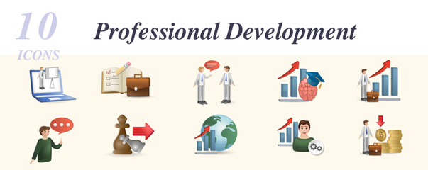 Professional development set. Creative icons: online training, occupation, consulting, potencial, career advancement, speech, tactical advantage, global progress, personal development, employee wages.