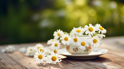 Fototapeta na wymiar Spring - Chamomile Flowers In Teacup On Wooden Table In Garden, daisies in a cup, chamomile flowers in a cup, flowers in a cup, Generative AI