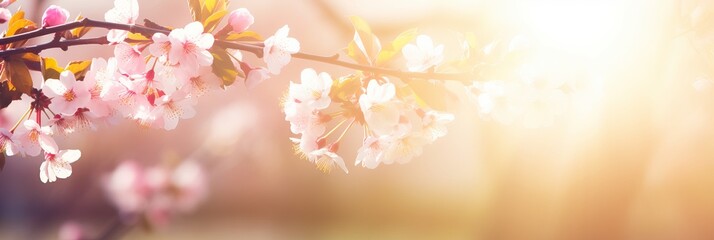 Fototapeta premium Spring border or background art with pink blossom. Beautiful nature scene with blooming tree and sun flare, blossom in spring, pink cherry blossoms, background with flowers, Generative AI