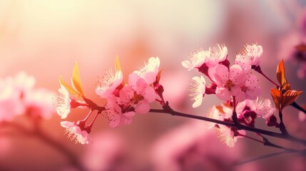 Obraz premium Spring border or background art with pink blossom. Beautiful nature scene with blooming tree and sun flare, blossom in spring, pink cherry blossoms, blossom in spring, Generative AI