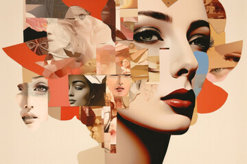 Abstract Collage. Dive into a digital wonderland where myriad faces and textures blend with surreal elements, weaving a mesmerizing collage of dream and reality. Generative AI