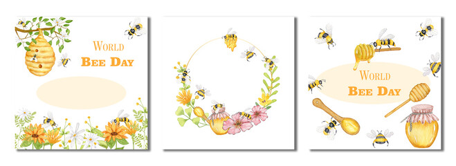 World Honey Bee Day. Set Watercolor card, banner, poster with bees, flowers, jar of honey and beehive. The illustration is hand drawn.