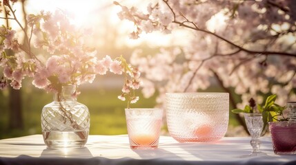 Plakat Spring close-up Table With Trees In Blooming And Defocused Sunny Garden In Background, table in the garden, table in garden, Generative AI