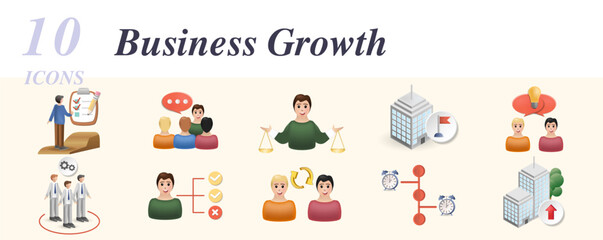 Business growth set. Creative icons: advancement planning, consultative for the team, decision making, organization goal, collaborative resolution, performance team, decision maker, interpersonal