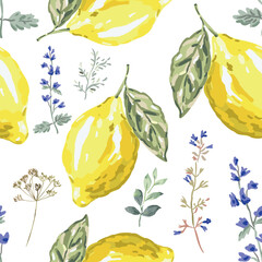 Lemon fruits, herbs, green leaves, white background. Vector illustration. Seamless pattern. Summer design. Italian сuisine