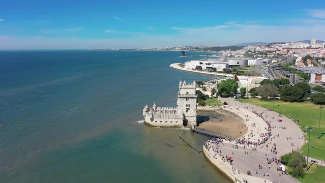 Aerial video of Belem Tower in Lisbon, Portugal
