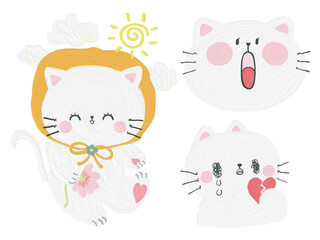 Cute White cat character kawaii pretty style doodle emotion objects element on white