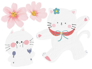 Cute White cat character kawaii pretty style doodle emotion objects element on white