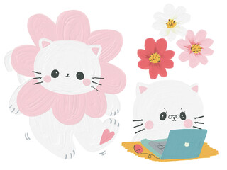 Cute White cat character kawaii pretty style doodle emotion objects element on white