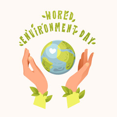 World Environment Day. Hands hold the planet. Ecology concept. Save the earth. Cartoon vector illustration.