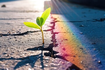 A young green sprout makes its way through a crack in the asphalt. Generative ai - obrazy, fototapety, plakaty