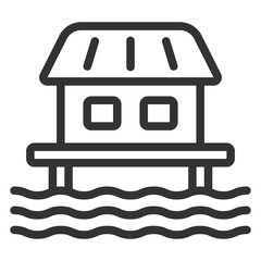 House on stilts over water  - icon, illustration on white background, outline style