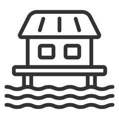 House on stilts over water  - icon, illustration on white background, outline style
