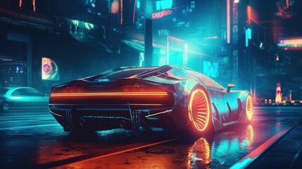 Shiny futuristic sports car on a blurred cyberpunk city street background with bright neon lights. Bokeh effect. Future concept. Generative AI