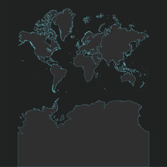 High quality vector World Map with continents . Editable illustration in detail with borders of the regions. Isolated on dark grey background with light blue color.