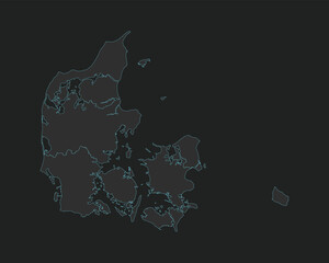 High quality vector Map of Denmark. Editable illustration in detail with borders of the regions. Isolated on dark grey background with light blue color.