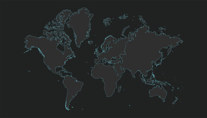 High quality vector World Map. Editable illustration in detail with borders of the regions. Isolated on dark grey background with light blue color.