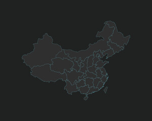 High quality vector Map of China. Editable illustration in detail with borders of the regions. Isolated on dark grey background with light blue color.