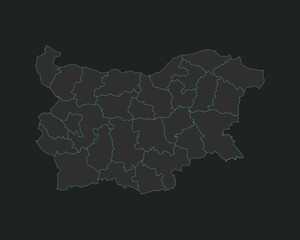 High quality vector Map of Bulgaria. Editable illustration in detail with borders of the regions. Isolated on dark grey background with light blue color.