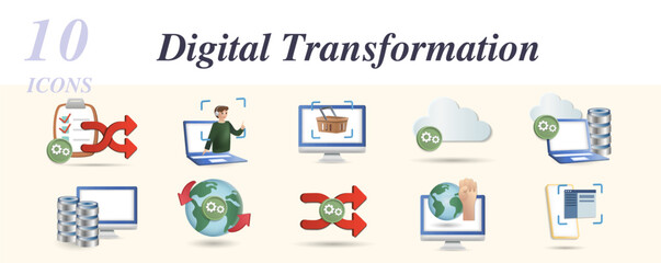 Digital transformation set. Creative icons: vehicle to grid, search engine optimization, pull economy, machine learning, 3d manufacturing, advanced manufacturing, digital literacy, design thinking