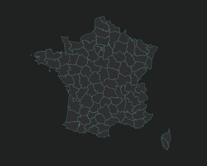 High quality vector Map of France. Editable illustration in detail with borders of the departments. Isolated on dark grey background with light blue color.