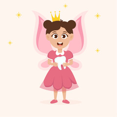Cute little tooth fairy holding a tooth.