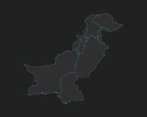 High quality vector Map of Pakistan. Editable illustration in detail with borders of the regions. Isolated on dark grey background with light blue color.