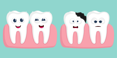 Cartoon teeth with gum set. Different emotion dental character.	