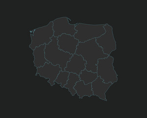High quality vector Map of Poland. Editable illustration in detail with borders of the regions. Isolated on dark grey background with light blue color.
