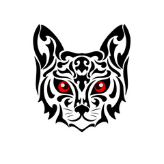graphic vector illustration of tribal art face cat with red eyes suitable for tattoos, logos and others