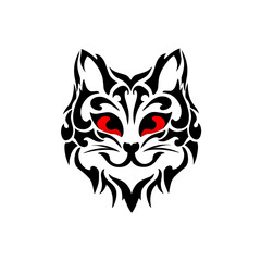graphic vector illustration of tribal art face cat with red eyes suitable for tattoos, logos and others