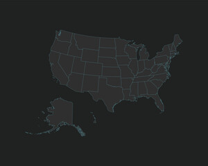 High quality vector Map of USA. Editable illustration in detail with borders of the regions. Isolated on dark grey background with light blue color.