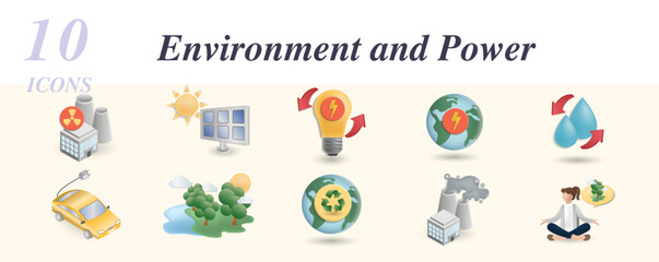 Environment and power set. Creative icons: nuclear energy, solar panel, electric energy, planet ecology, water resources, electric car, recycling, factory pollution, green thinking.