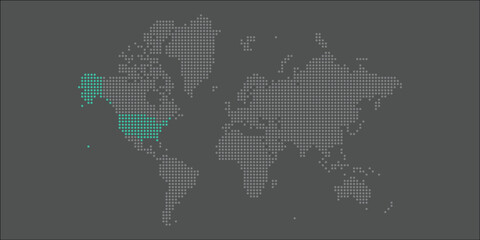Fototapeta premium High quality flat vector World Map with United States marked in green color. Editable illustration in detail with national borders of the countries. Isolated on dark grey background with blue color.